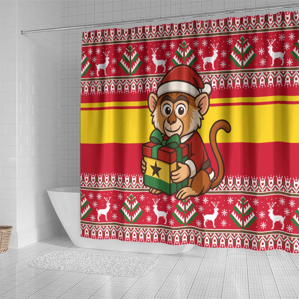 Ghana Christmas Shower Curtain Monkey Holding Gift Ghana Map and Festive - African Pride