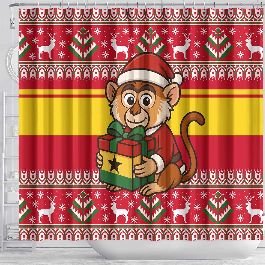 Ghana Christmas Shower Curtain Monkey Holding Gift Ghana Map and Festive - African Pride
