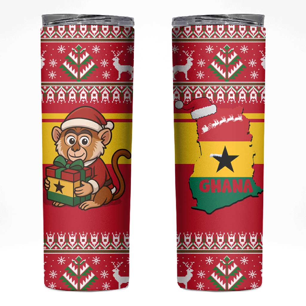 Ghana Christmas Skinny Tumbler Monkey Holding Gift Ghana Map and Festive - African Pride