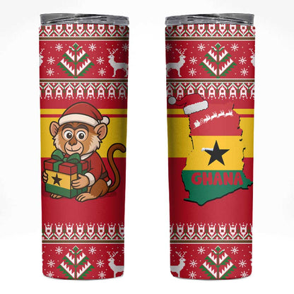 Ghana Christmas Skinny Tumbler Monkey Holding Gift Ghana Map and Festive - African Pride