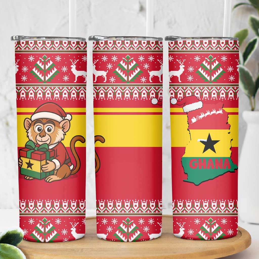 Ghana Christmas Skinny Tumbler Monkey Holding Gift Ghana Map and Festive - African Pride