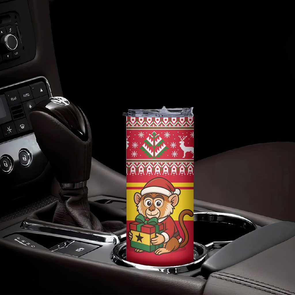 Ghana Christmas Skinny Tumbler Monkey Holding Gift Ghana Map and Festive - African Pride