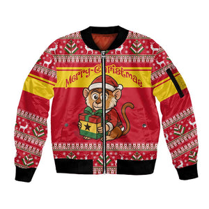 Ghana Christmas Sleeve Zip Bomber Jacket Monkey Holding Gift Ghana Map and Festive - African Pride