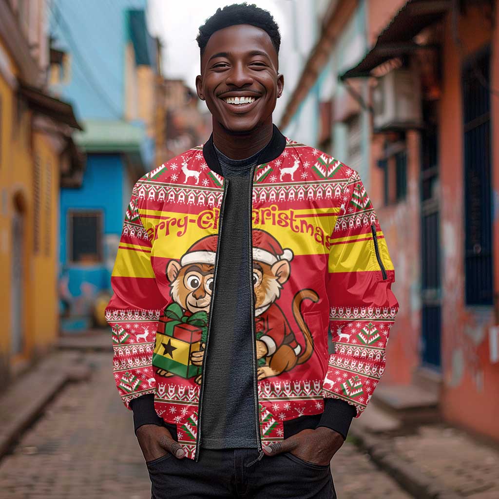 Ghana Christmas Sleeve Zip Bomber Jacket Monkey Holding Gift Ghana Map and Festive - African Pride