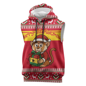 Ghana Christmas Sleeveless Hoodie Monkey Holding Gift Ghana Map and Festive - African Pride