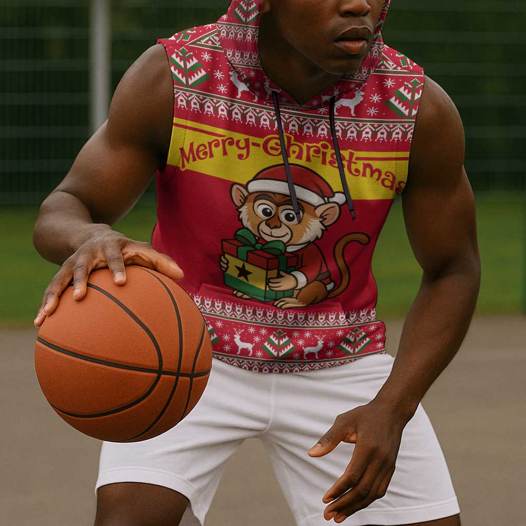 Ghana Christmas Sleeveless Hoodie Monkey Holding Gift Ghana Map and Festive - African Pride
