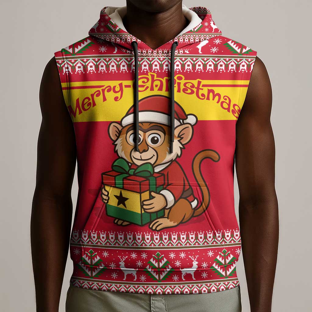 Ghana Christmas Sleeveless Hoodie Monkey Holding Gift Ghana Map and Festive - African Pride