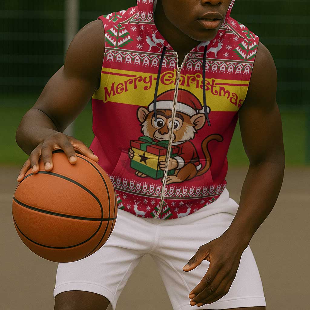 Ghana Christmas Sleeveless Zip Hoodie Monkey Holding Gift Ghana Map and Festive - African Pride