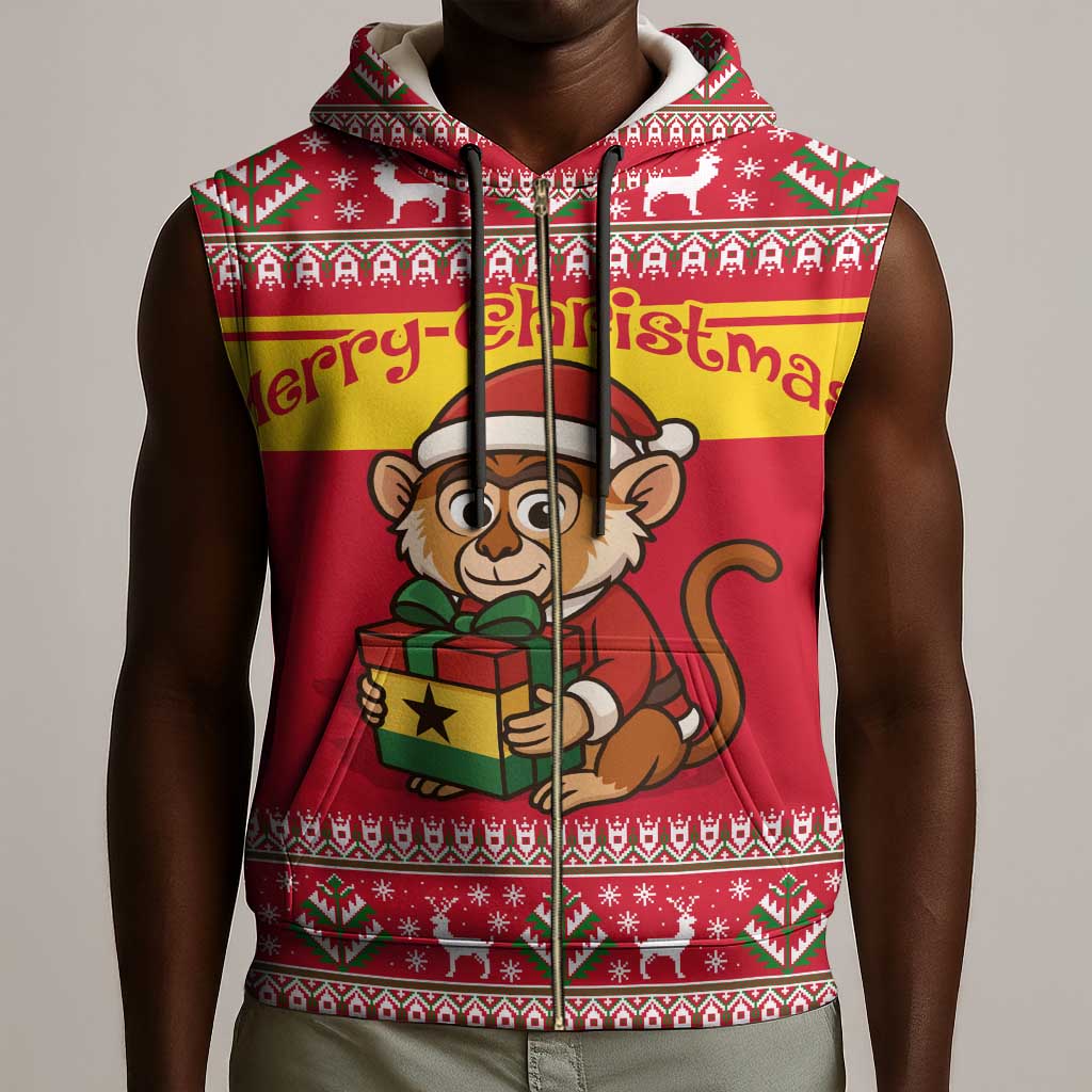 Ghana Christmas Sleeveless Zip Hoodie Monkey Holding Gift Ghana Map and Festive - African Pride