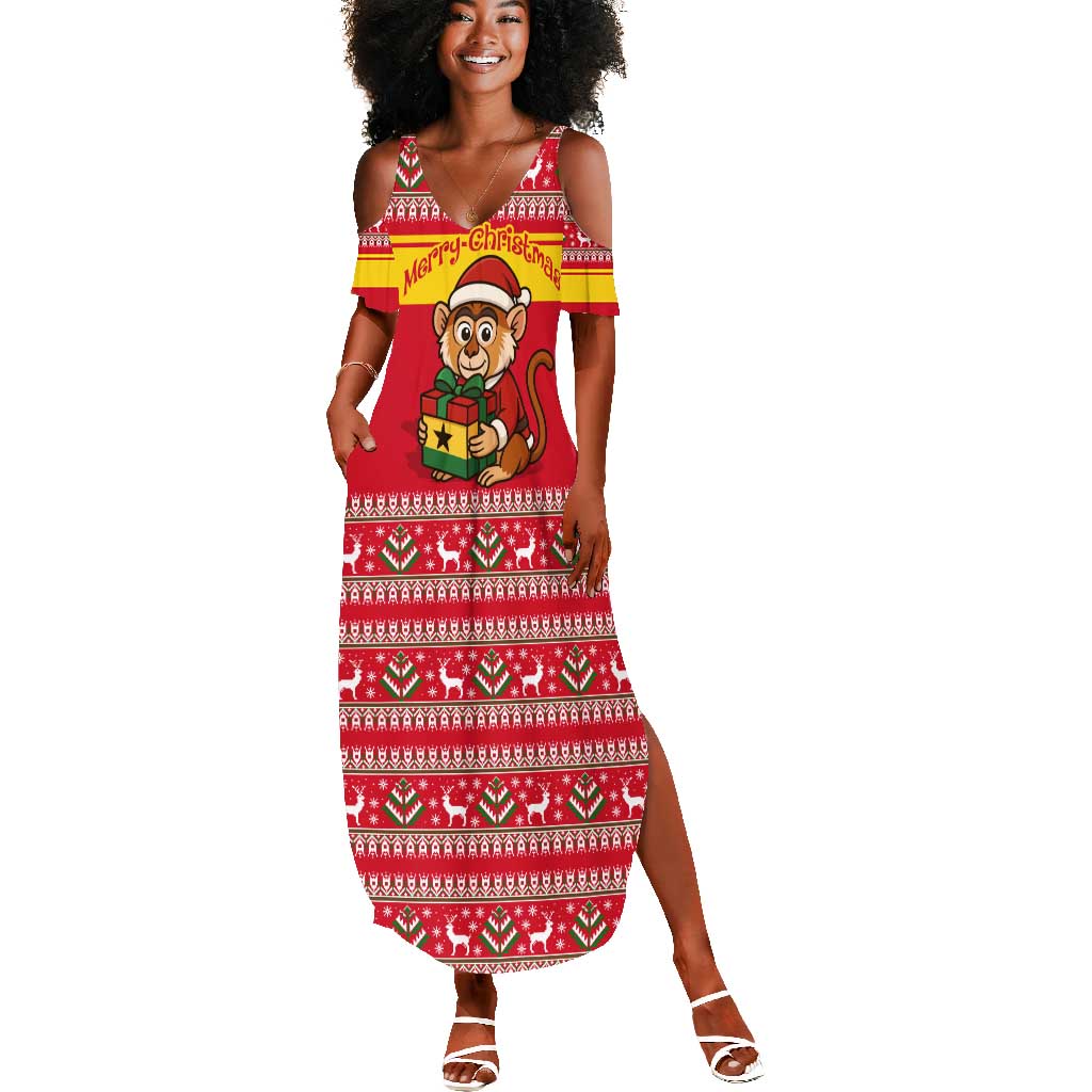 Ghana Christmas Summer Maxi Dress Monkey Holding Gift Ghana Map and Festive - African Pride