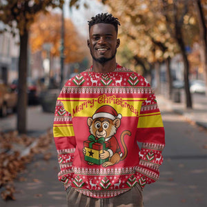 Ghana Christmas Sweatshirt Monkey Holding Gift Ghana Map and Festive - African Pride