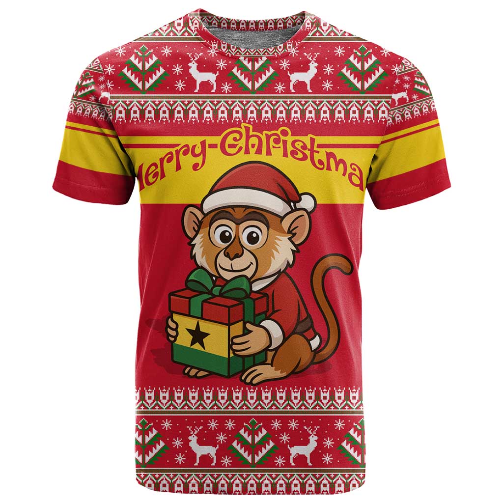 Ghana Christmas T shirt Monkey Holding Gift Ghana Map and Festive - African Pride