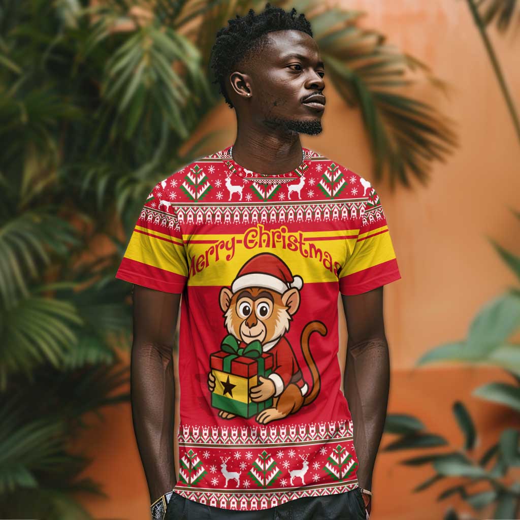 Ghana Christmas T shirt Monkey Holding Gift Ghana Map and Festive - African Pride