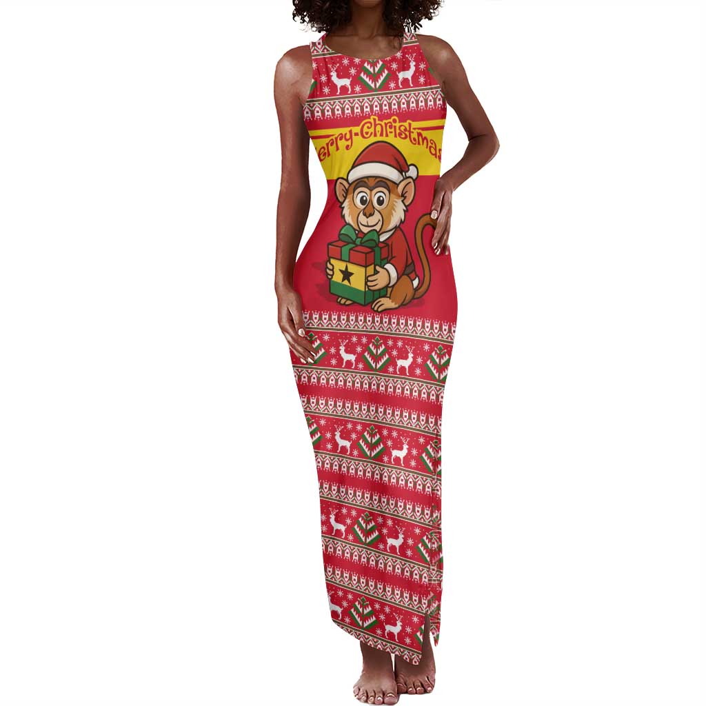 Ghana Christmas Tank Maxi Dress Monkey Holding Gift Ghana Map and Festive - African Pride