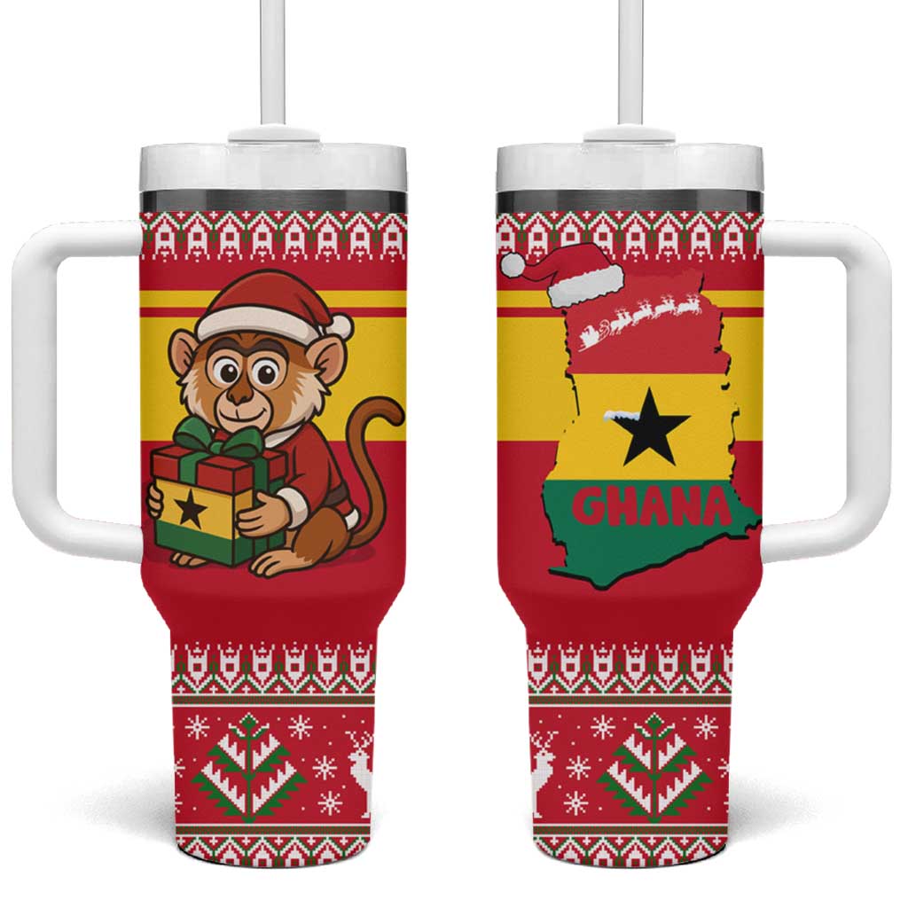 Ghana Christmas Tumbler With Handle Monkey Holding Gift Ghana Map and Festive - African Pride