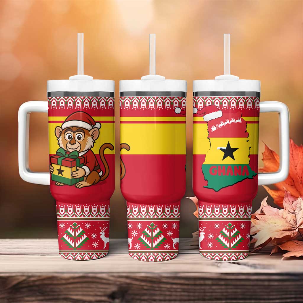 Ghana Christmas Tumbler With Handle Monkey Holding Gift Ghana Map and Festive - African Pride