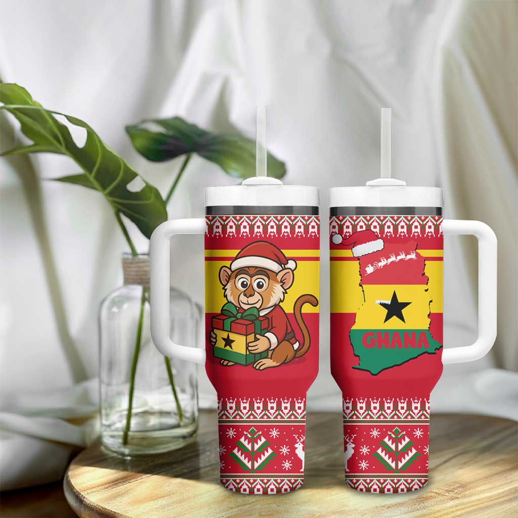 Ghana Christmas Tumbler With Handle Monkey Holding Gift Ghana Map and Festive - African Pride