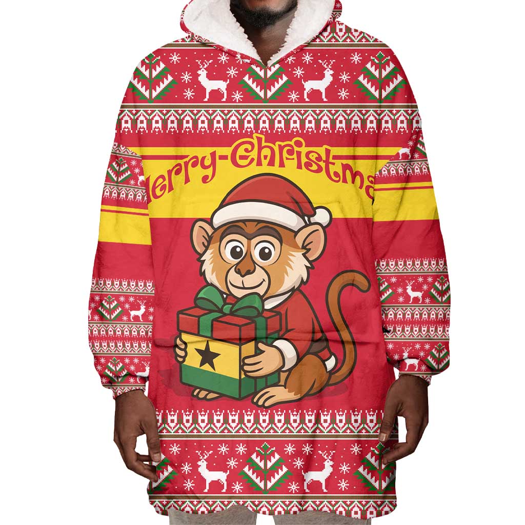 Ghana Christmas Wearable Blanket Hoodie Monkey Holding Gift Ghana Map and Festive - African Pride