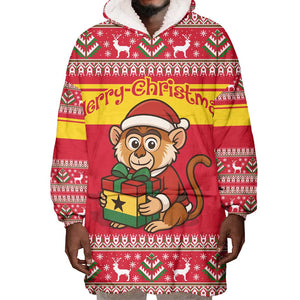 Ghana Christmas Wearable Blanket Hoodie Monkey Holding Gift Ghana Map and Festive - African Pride