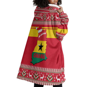 Ghana Christmas Wearable Blanket Hoodie Monkey Holding Gift Ghana Map and Festive - African Pride