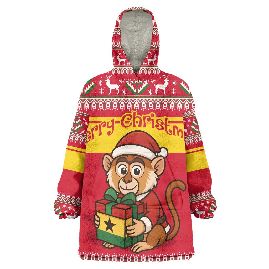 Ghana Christmas Wearable Blanket Hoodie Monkey Holding Gift Ghana Map and Festive - African Pride