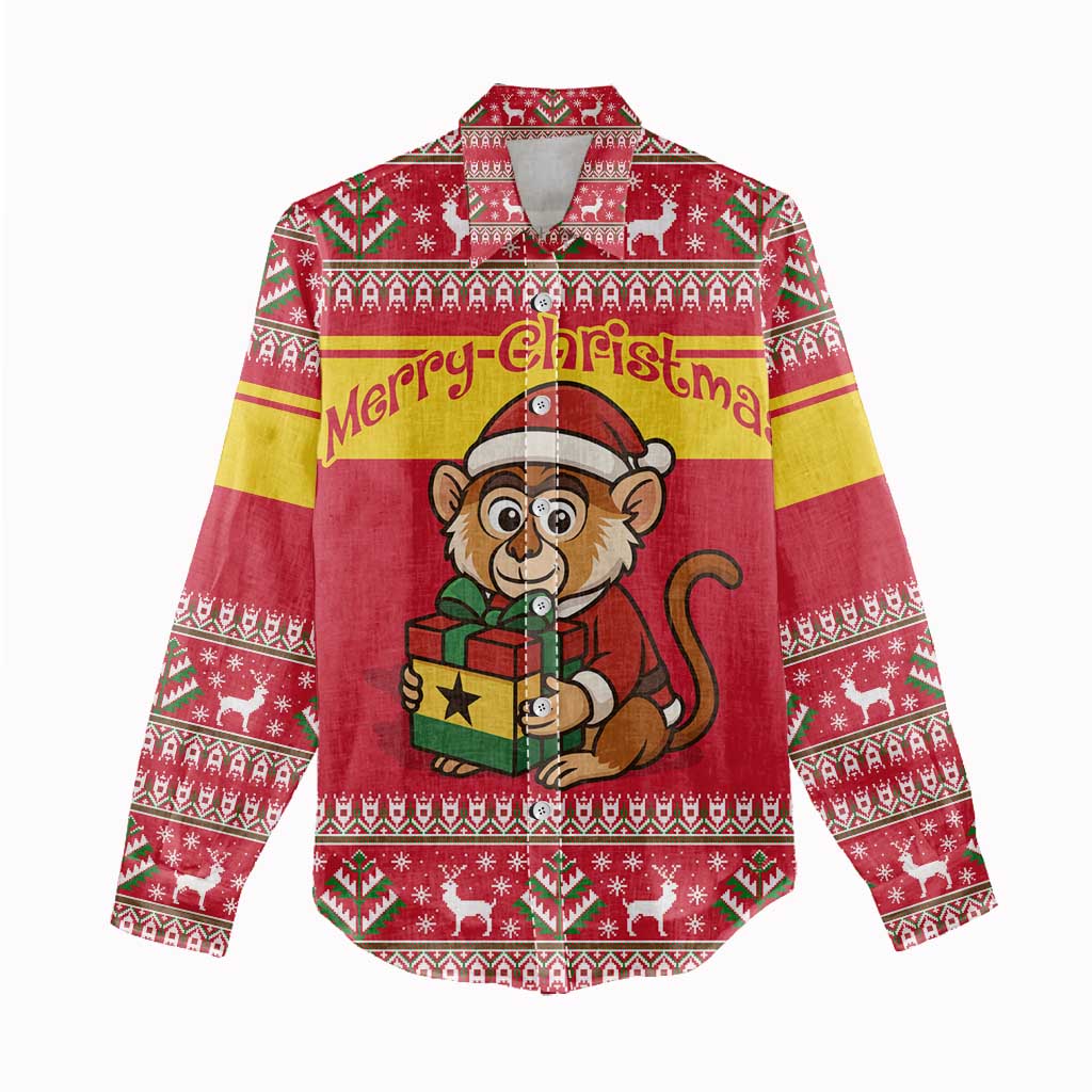 Ghana Christmas Women Casual Shirt Monkey Holding Gift Ghana Map and Festive - African Pride
