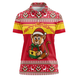 Ghana Christmas Women Polo Shirt Monkey Holding Gift Ghana Map and Festive - African Pride