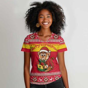 Ghana Christmas Women V-Neck T-Shirt Monkey Holding Gift Ghana Map and Festive - African Pride
