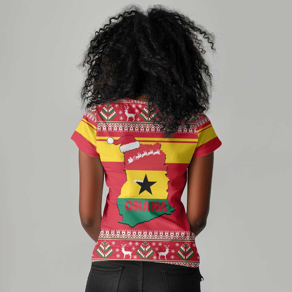 Ghana Christmas Women V-Neck T-Shirt Monkey Holding Gift Ghana Map and Festive - African Pride