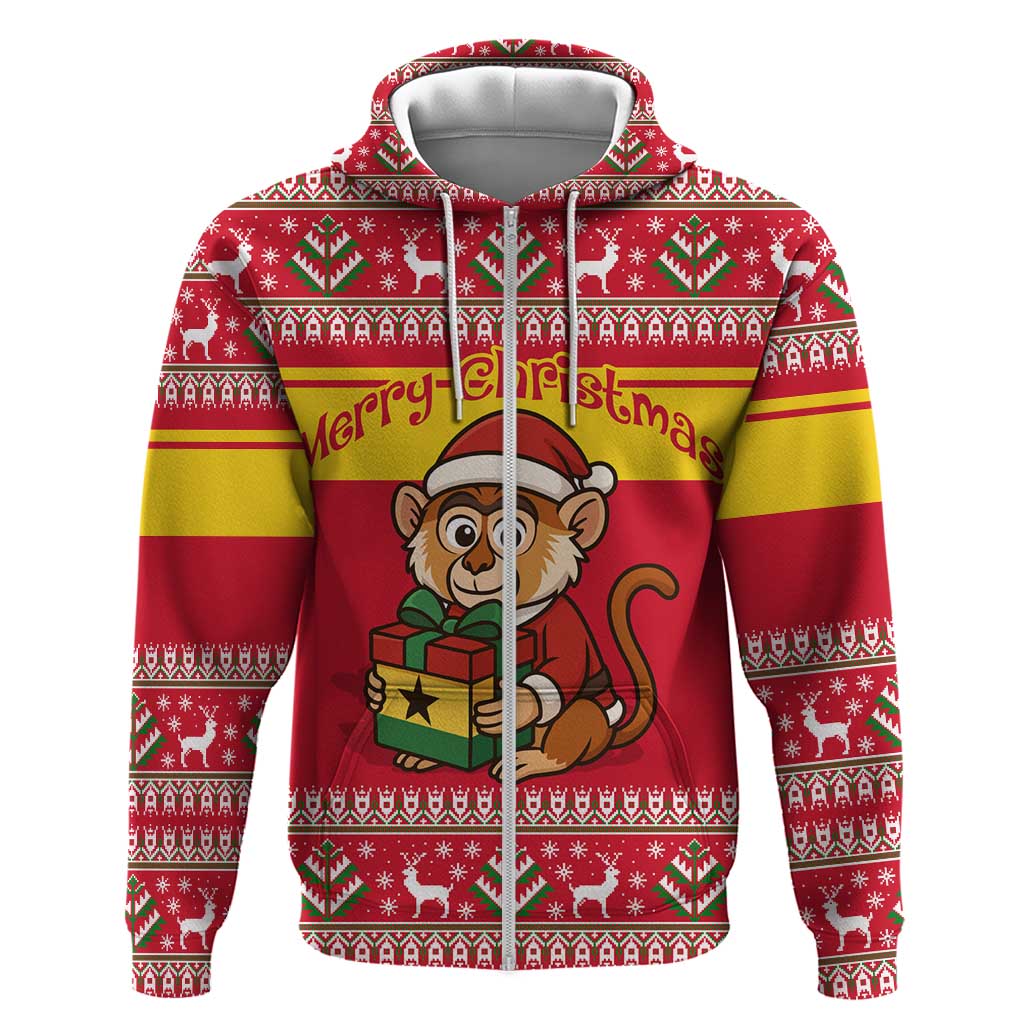 Ghana Christmas Zip Hoodie Monkey Holding Gift Ghana Map and Festive - African Pride