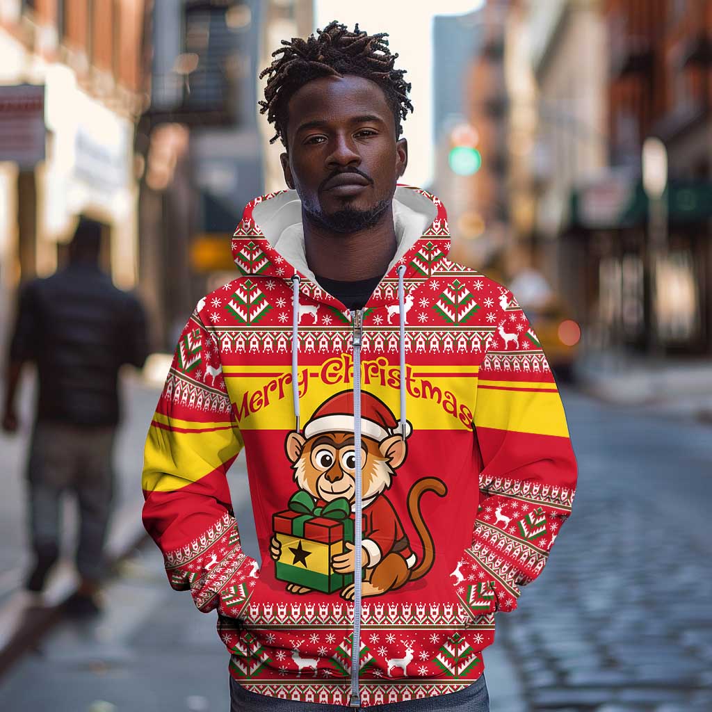 Ghana Christmas Zip Hoodie Monkey Holding Gift Ghana Map and Festive - African Pride