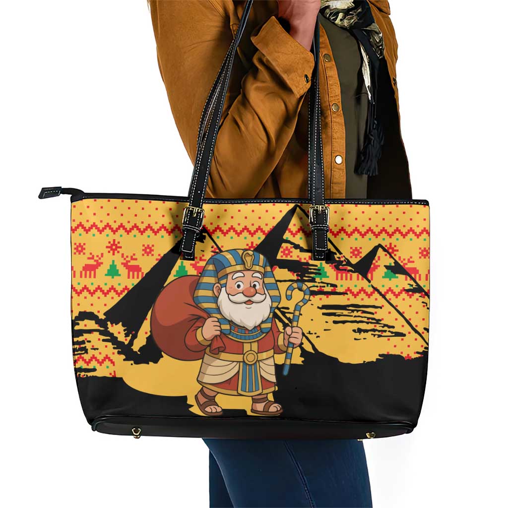 Egypt Christmas Leather Tote Bag Pharaoh Santa Pyramids Eye of Horus and Ancient Egyptian - African Pride