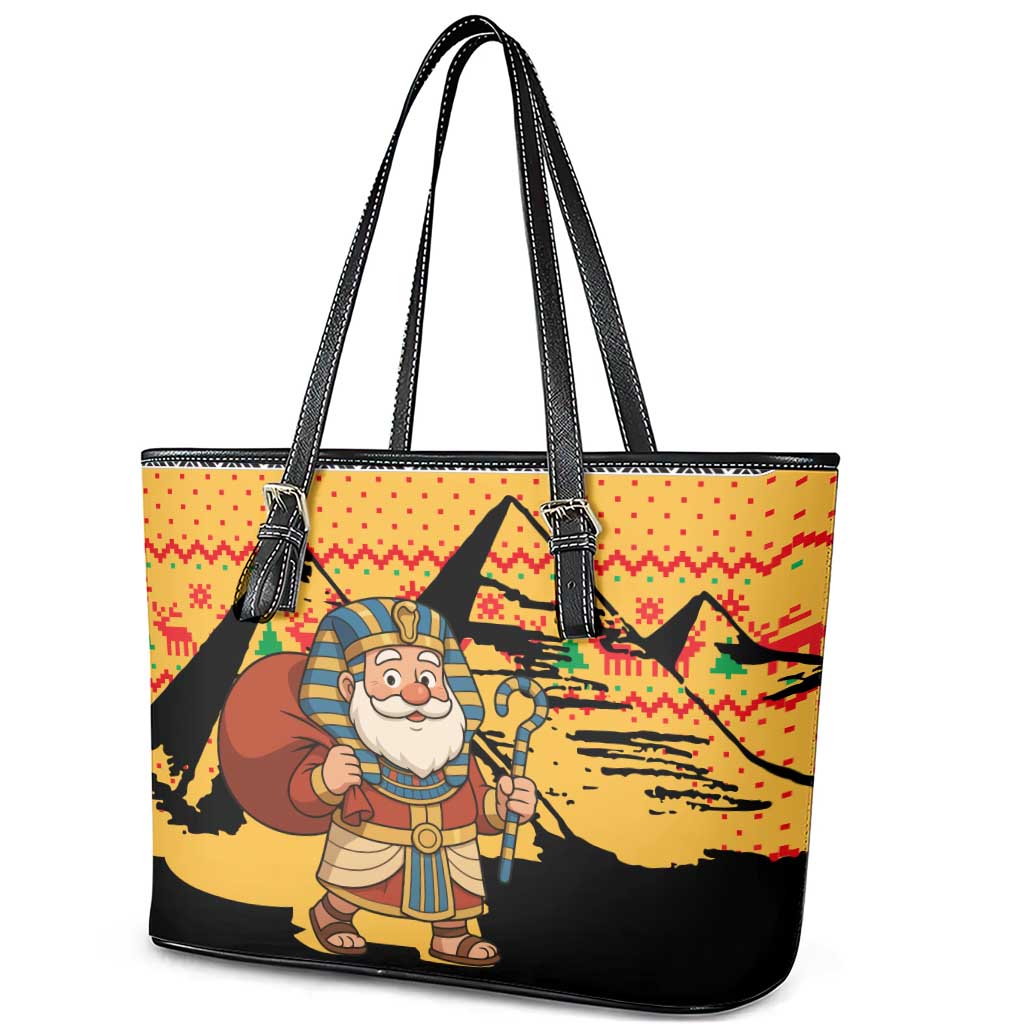 Egypt Christmas Leather Tote Bag Pharaoh Santa Pyramids Eye of Horus and Ancient Egyptian - African Pride