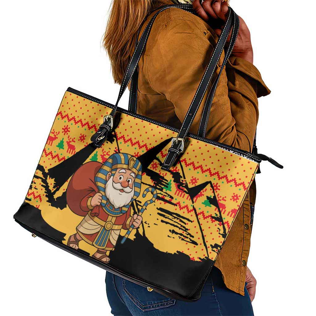 Egypt Christmas Leather Tote Bag Pharaoh Santa Pyramids Eye of Horus and Ancient Egyptian - African Pride