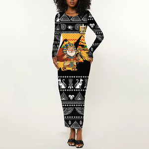 Egypt Christmas Long Sleeve Bodycon Dress Pharaoh Santa Pyramids Eye of Horus and Ancient Egyptian - African Pride
