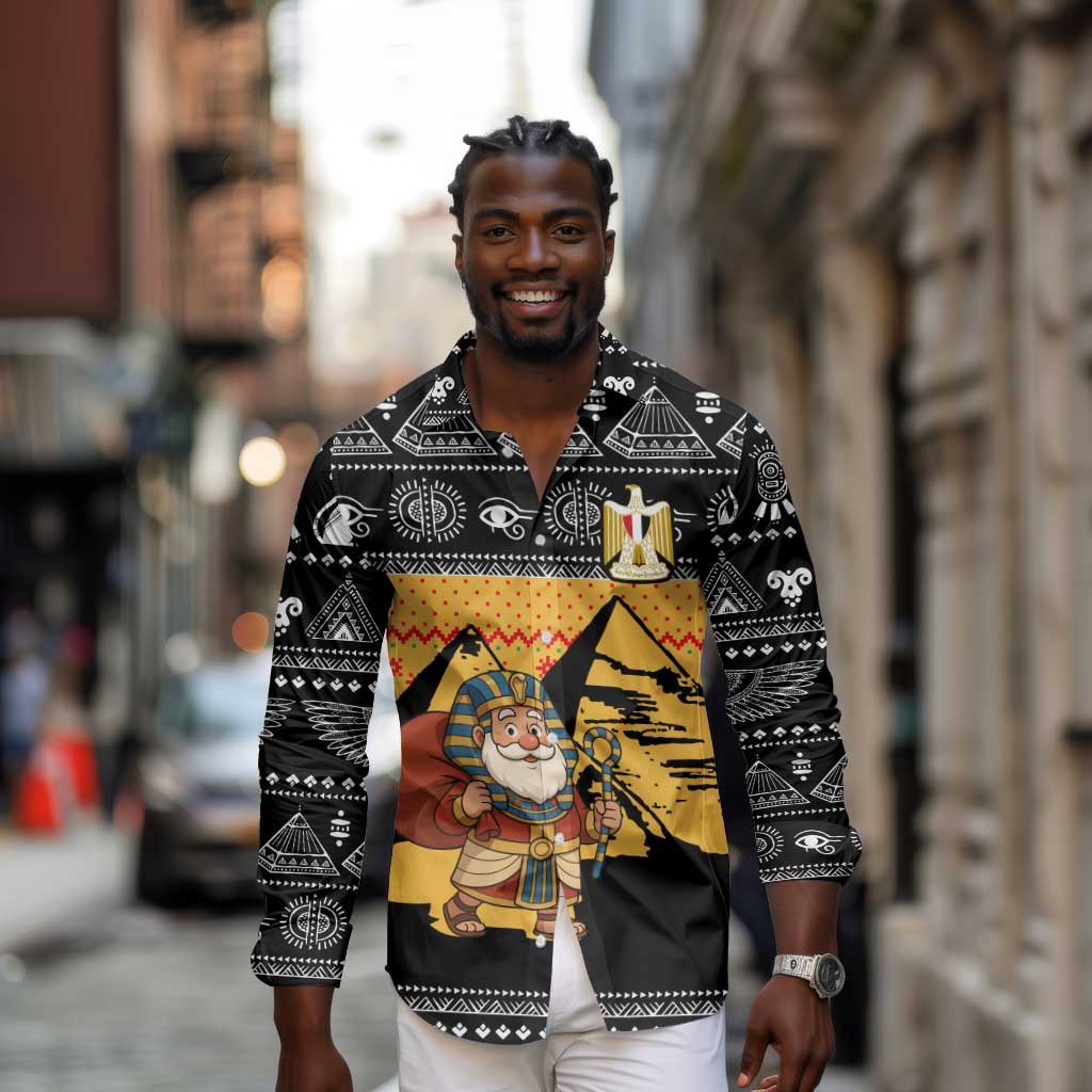 Egypt Christmas Long Sleeve Button Shirt Pharaoh Santa Pyramids Eye of Horus and Ancient Egyptian - African Pride