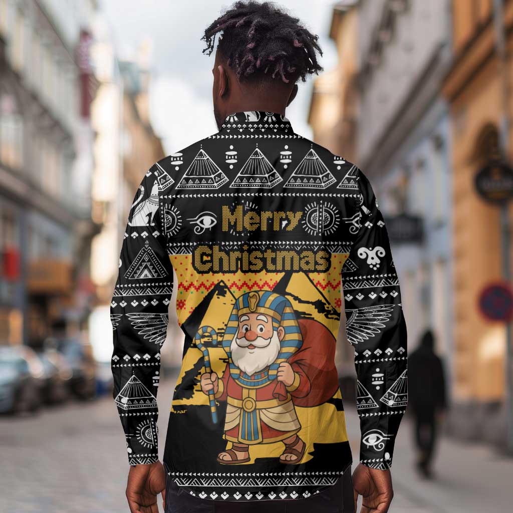 Egypt Christmas Long Sleeve Button Shirt Pharaoh Santa Pyramids Eye of Horus and Ancient Egyptian - African Pride