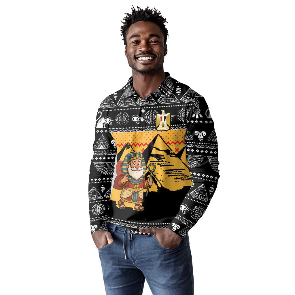 Egypt Christmas Long Sleeve Polo Shirt Pharaoh Santa Pyramids Eye of Horus and Ancient Egyptian - African Pride