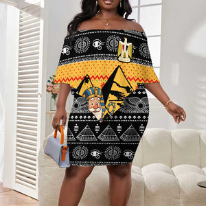 Egypt Christmas Off Shoulder Short Dress Pharaoh Santa Pyramids Eye of Horus and Ancient Egyptian - African Pride