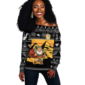 Egypt Christmas Off Shoulder Sweater Pharaoh Santa Pyramids Eye of Horus and Ancient Egyptian - African Pride