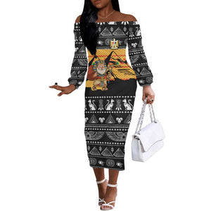 Egypt Christmas Off The Shoulder Long Sleeve Dress Pharaoh Santa Pyramids Eye of Horus and Ancient Egyptian - African Pride