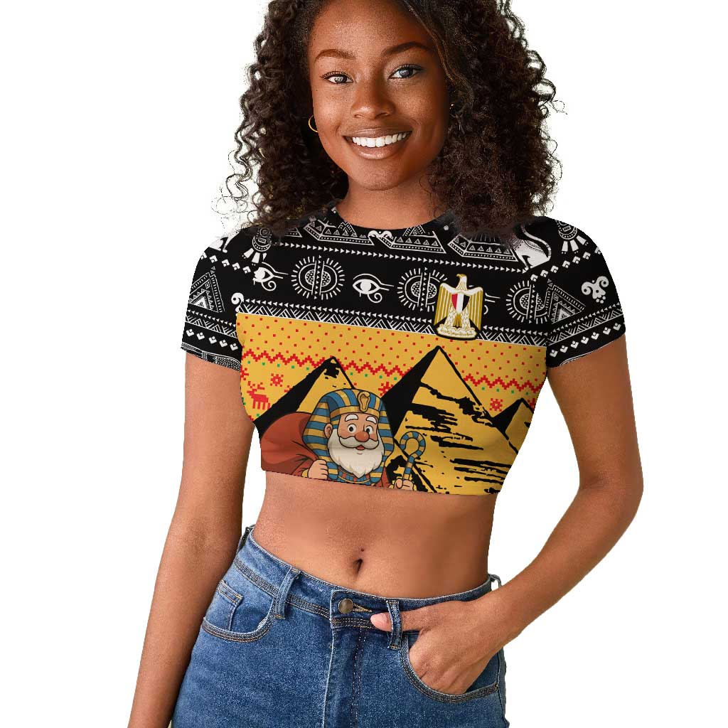 Egypt Christmas Raglan Cropped T shirt Pharaoh Santa Pyramids Eye of Horus and Ancient Egyptian - African Pride