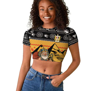 Egypt Christmas Raglan Cropped T shirt Pharaoh Santa Pyramids Eye of Horus and Ancient Egyptian - African Pride