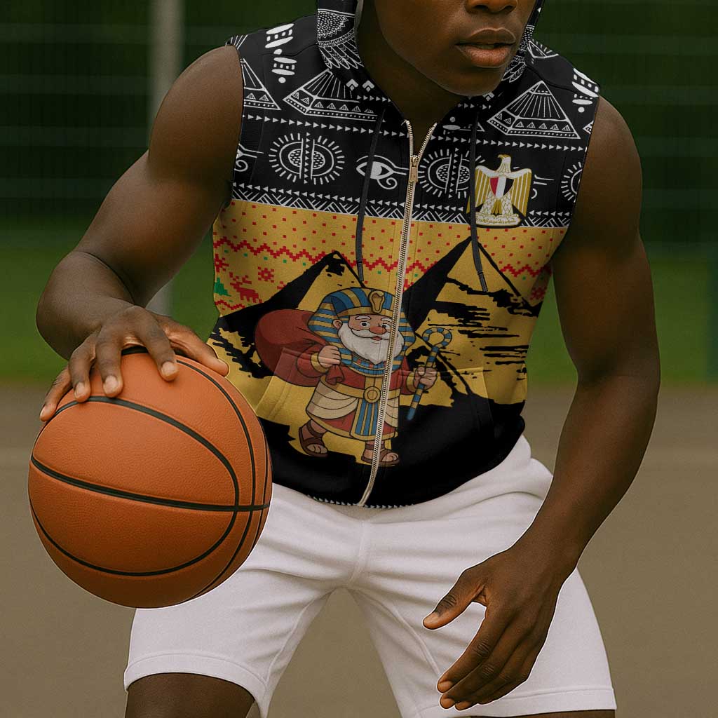 Egypt Christmas Sleeveless Zip Hoodie Pharaoh Santa Pyramids Eye of Horus and Ancient Egyptian - African Pride
