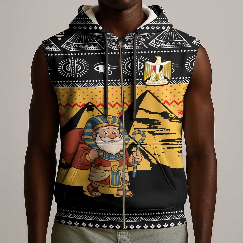 Egypt Christmas Sleeveless Zip Hoodie Pharaoh Santa Pyramids Eye of Horus and Ancient Egyptian - African Pride