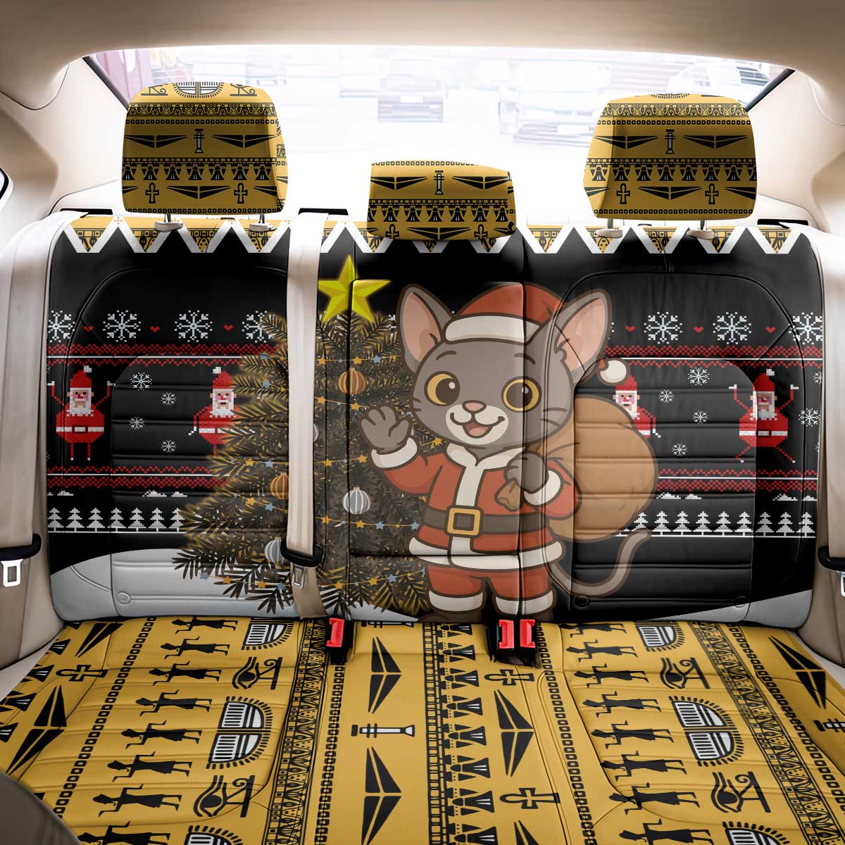 Egypt Christmas Back Car Seat Cover Santa Cat Sleigh Reindeer Christmas Tree and Ancient Hieroglyphic - African Pride