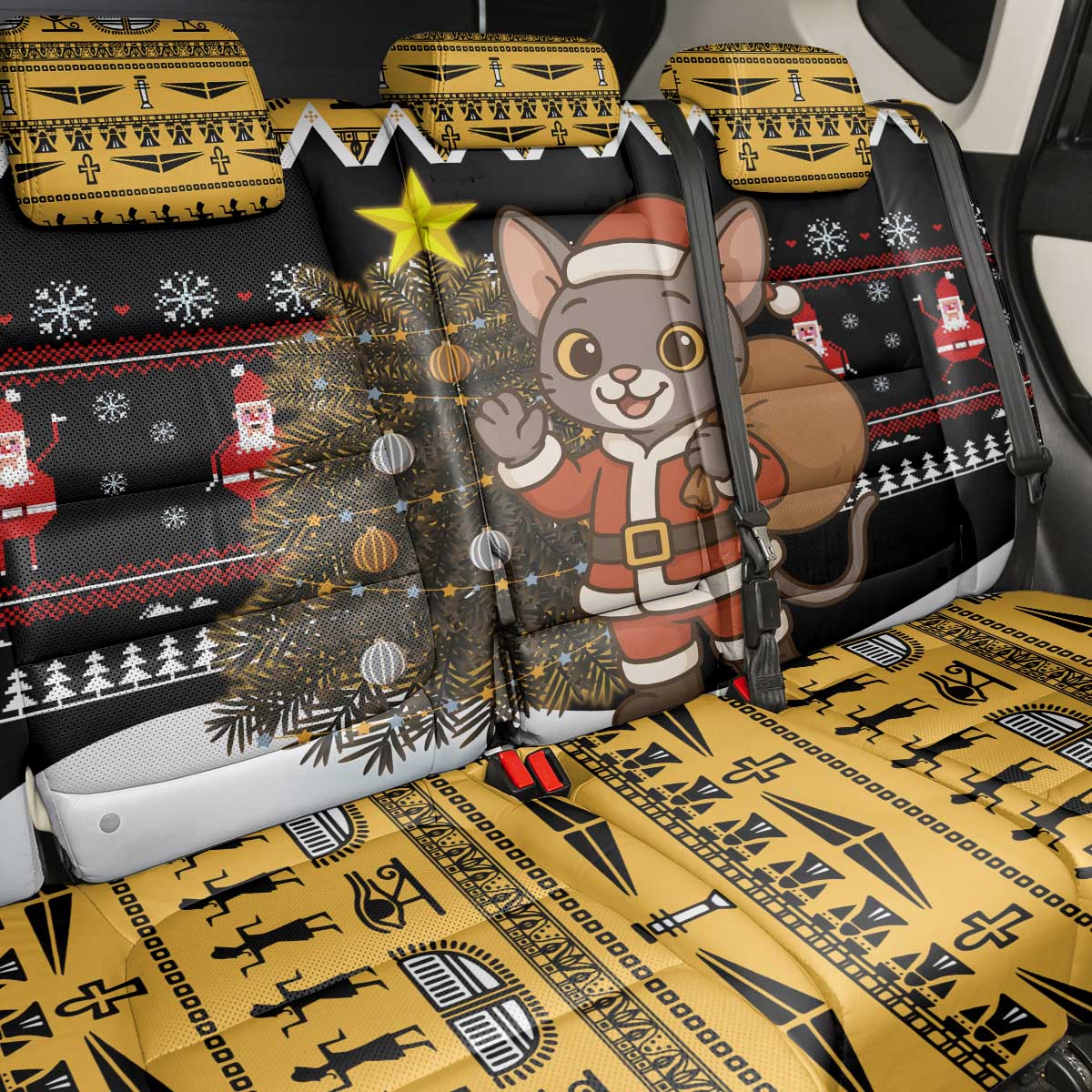 Egypt Christmas Back Car Seat Cover Santa Cat Sleigh Reindeer Christmas Tree and Ancient Hieroglyphic - African Pride