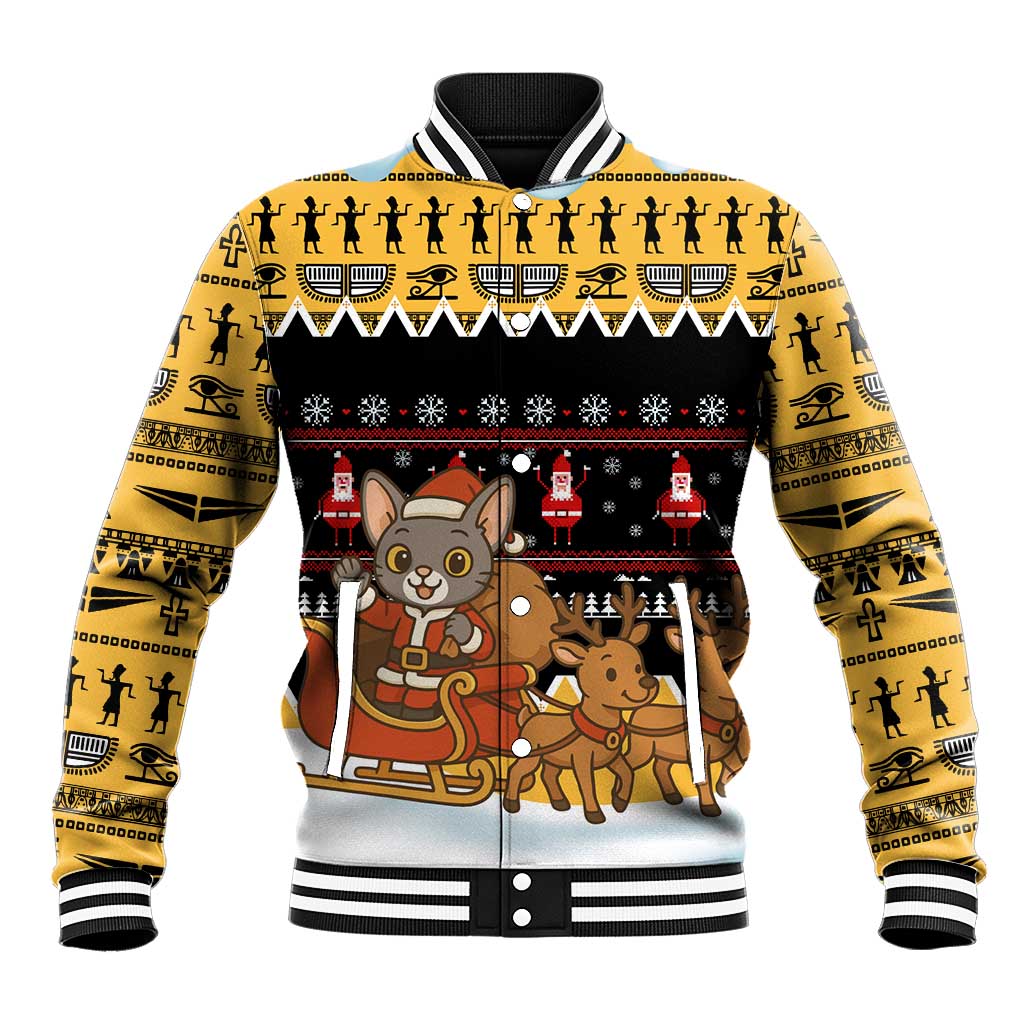 Egypt Christmas Baseball Jacket Santa Cat Sleigh Reindeer Christmas Tree and Ancient Hieroglyphic - African Pride