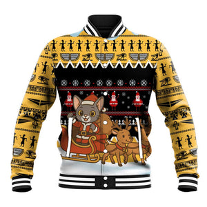 Egypt Christmas Baseball Jacket Santa Cat Sleigh Reindeer Christmas Tree and Ancient Hieroglyphic - African Pride