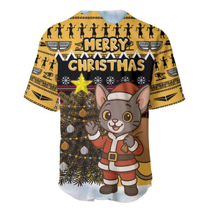 Egypt Christmas Baseball Jersey Santa Cat Sleigh Reindeer Christmas Tree and Ancient Hieroglyphic - African Pride